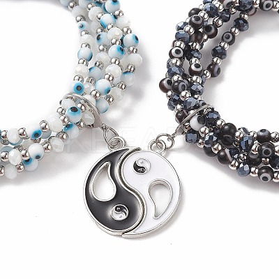 2Pcs 2 Color Lampwork Evil Eye & Glass Stretch Multi-strand Bracelets Set BJEW-JB08785-1