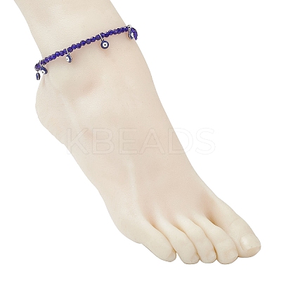 2Pcs 2 Colors 304 Stainless Steel Enamel Blue Evil Eye Tassel Glass Beaded Anklets for Women Men AJEW-AN00754-1