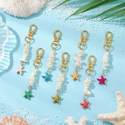 Natural White Mother of Pearl Shell & Synthetic Turquoise Starfish Pendant Decorations HJEW-JM02986-1