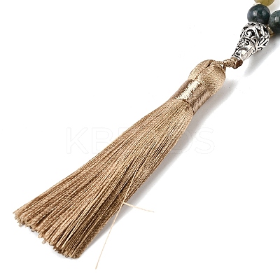 Natural Indian Agate Mala Prayer Round Beaded Wrap Necklaces with Long Tassel and Metal Tree of Life FS-WG93CBE-01-1