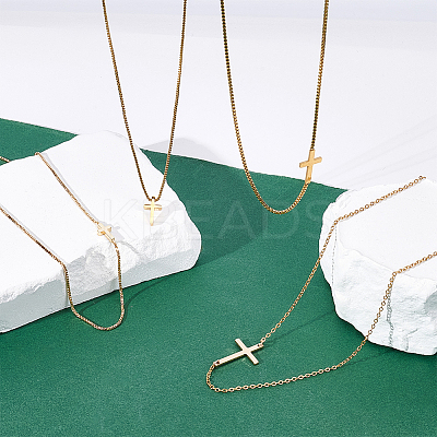 4Pcs 4 Styles Brass & 304 Stainless Steel Sideways Cross Box Chain Necklaces for Women NJEW-UN0001-67-1