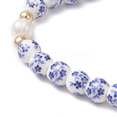 Handmade Flower Printed  Porcelain Ceramic & Natural Cultured Freshwater Pearl Beads Stretch Bracelets for Women BJEW-JB12877-1