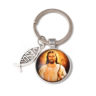 I Love Jesus Symbol Glass Pendant Keychain with Alloy Jesus Fish Charm LS-KEYC-G058-01F-1