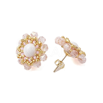 Flower Glass Seed Beaded with Natural Mashan Jade Stud Earrings for Women EJEW-MZ00208-02-1