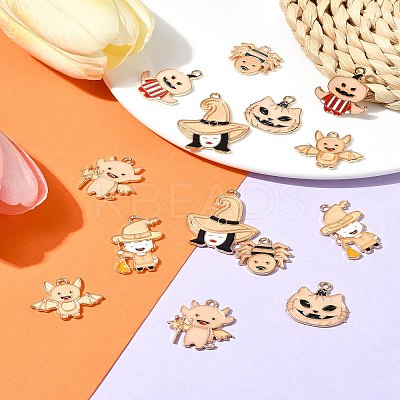 14Pcs 7 Styles Halloween Theme Rack Plating Luminous Alloy Enamel Pendants ENAM-FS0002-10G-1