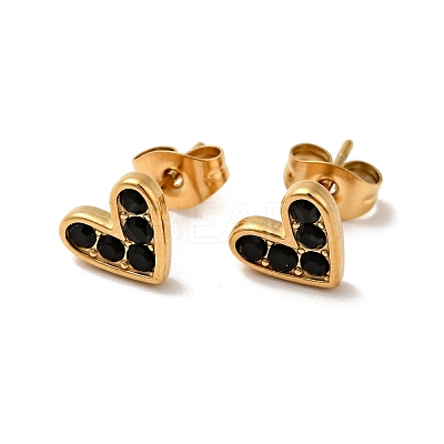 Ion Plating(IP) Heart 304 Stainless Steel Rhinestone Stud Earrings EJEW-A081-15G-1