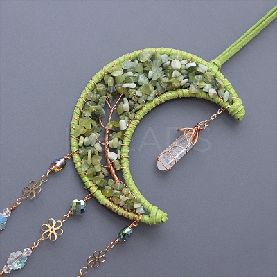 Natural Peridiot Chips Moon with Tree of Life Pendant Decorations TREE-PW0003-14-1