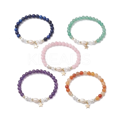 6mm Round Gemstone & Pearl Beaded Stretch Bracelets BJEW-JB10618-1
