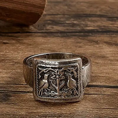 Rectangle with Bird & Flower Pattern Alloy Finger Rings FS-WGF2270-02-1