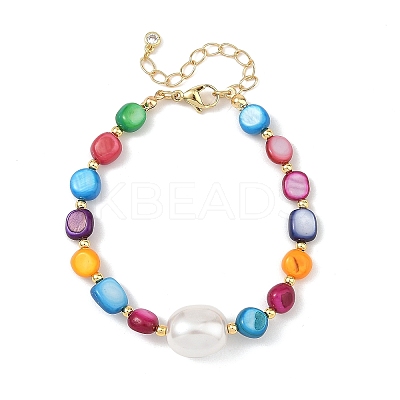 Dyed Natural Shell Nuggets & Shell Pearl Beaded Bracelets BJEW-JB14208-1