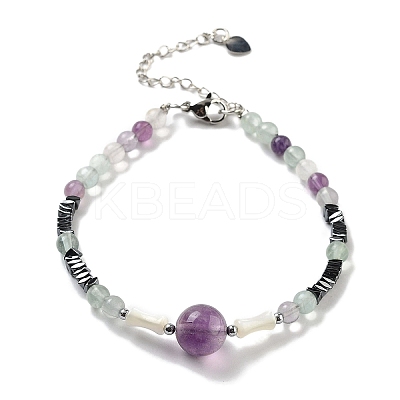 Natural Fluorite Round & Synthetic Non-magnetic Hematite & White Shell Beaded Bracelets for Women BJEW-K251-02B-1