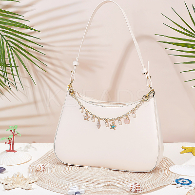 Alloy Enamel Starfish Shell Shape & Imitation Round Pearl Charm Brass Decorative Chains HJEW-ME00047-1