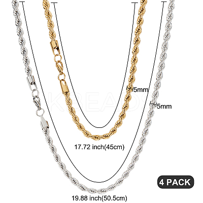 4Pcs 4 Style Rack Plating 304 Stainless Steel Twist Rope Chain Necklaces NJEW-GO0001-03D-1