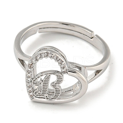 Heart with Letter Rack Plating Brass Micro Pave Cubic Zirconia Adjustable Rings for Women RJEW-I105-06P-B-1