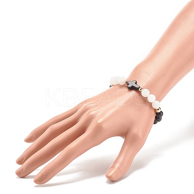 Natural White Jade & Synthetic Turquoise(Dyed) Stretch Bracelet with Cross BJEW-JB08295-01-1