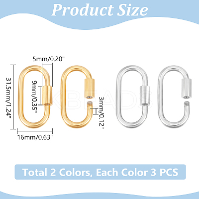 6Pcs 2 Colors 304 Stainless Steel Screw Carabiner Lock Charms STAS-UN0060-77-1