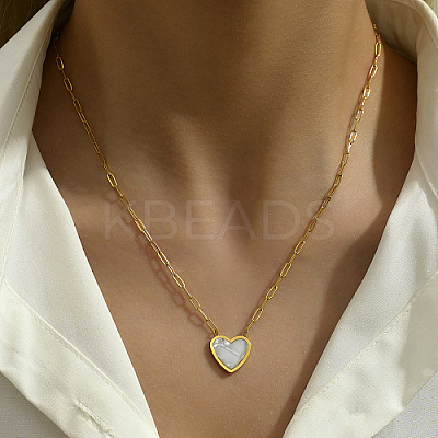 Natural Shell Heart Pendant Necklaces with Golden Stainless Steel Paperclip Chains EU3732-2-1
