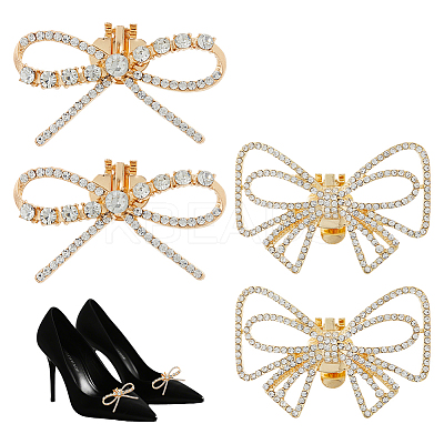 4Pcs 2 Styles Bowknot Alloy Crystal Rhinestone Shoe Decorations FIND-HS0002-07G-1