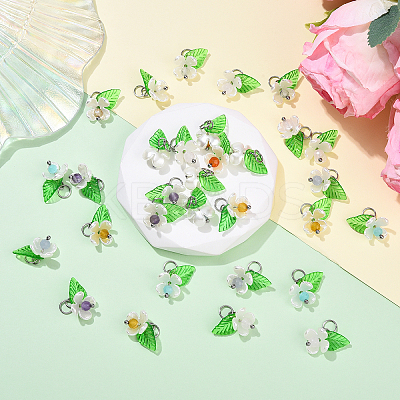 40Pcs 8 Colors Natural Mixed Gemstone & ABS Plastic Imitation Pearl & Acrylic Leaf Pendants PALLOY-YW00095-1
