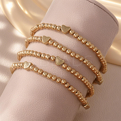 4Pcs Round and Heart Brass Beaded Stretch Bracelet Sets for Women Jewelry Accessories GV4770-1-1