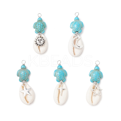 5Pcs 5 Styles Natural Cowrie Shell & Dyed Synthetic Turquoise Turtle Copper Wire Wrapped Pendants PALLOY-JF04034-02-1