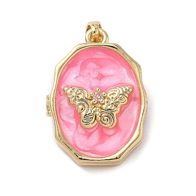 Oval with Butterfly Brass Enamel Locket Pendants KK-P334-18G-01-1