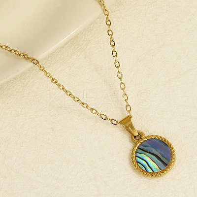 Stylish 304 Stainless Steel Pave Natural Paua Shell Flat Round Pendant Necklaces Simple Design Jewelry DP7329-3-1