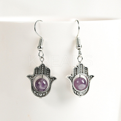 Natural Crystal Stone Hamsa Hand & Round Dangle Earrings UB8598-10-1