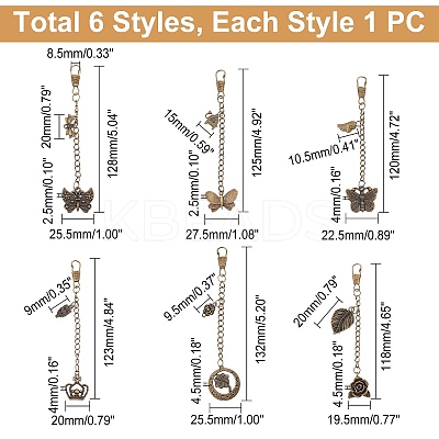 6Pcs 6 Style Tibetan Style Alloy Keychains AJEW-WR0001-27-1