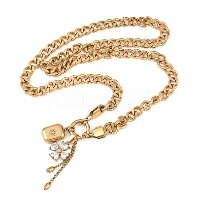 304 Stainless Steel Pave Clear Cubic Zirconia Flower Rectangle Tassel Pendant Necklaces for Women NJEW-K300-02G-1