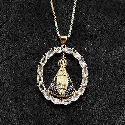 Brass Clear & Blue Cubic Zirconia Nossa Senhora Aparecida Virgin Pendant Necklaces for Women NJEW-U039-01A-G-1