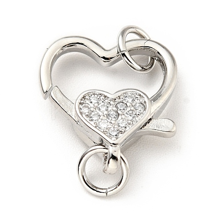 Brass Micro Pave Clear Cubic Zirconia Heart Lobster Claw Clasps KK-G416-35P-1