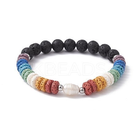 Dyed Natural Lava Rock & Pearl Beaded Strtch Bracelet BJEW-JB10053-02-1
