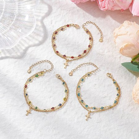 3Pcs 3 Colors Handmade Evil Eye Lampwork Link Multi-layered Bracelets BJEW-JB12213-1