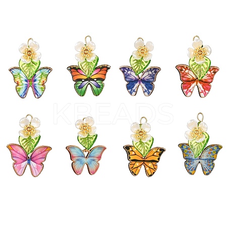 8Pcs 8 Colors Glass Seed Beaded Butterfly & Flower Pendants PALLOY-JF04461-1