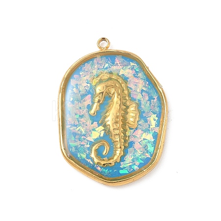 304 Stainless Steel Epoxy Resin with Natural Shell and Sequins Inside Pendants STAS-L026-17G-M03-1