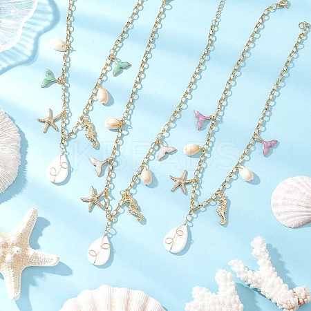 3Pcs 3 Styles Alloy Enamel Whale Tail Starfish & Natural Shell Teardrop Pendant 304 Stainless Steel Cable Chain Necklaces for Women NJEW-JN05407-1
