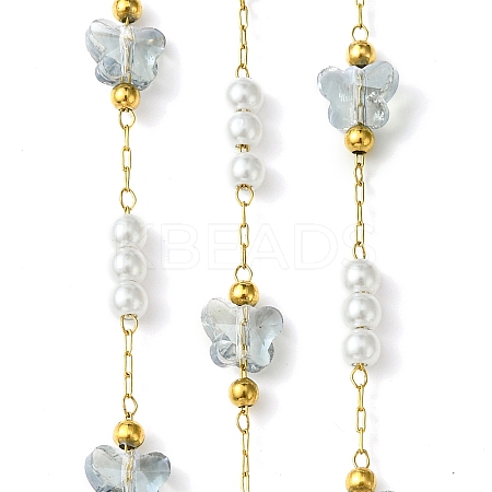 10M Ion Plating(IP) 304 Stainless Steel & ABS Plastic Pearl Bead & Butterfly Glass Link Chains CHS-G035-04G-02-1
