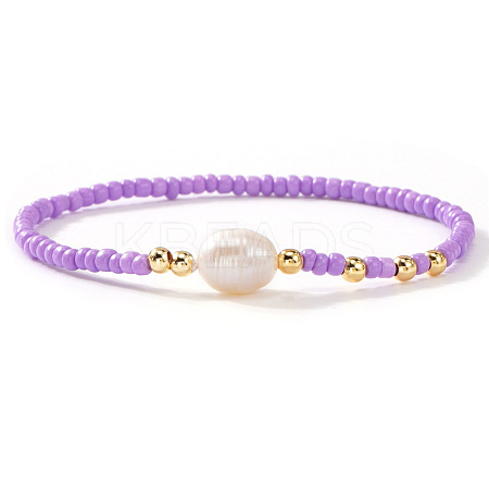 Brass & Glass & Natural Freshwater Pearls Beads Stretch Bracelets for Women OA4246-2-1