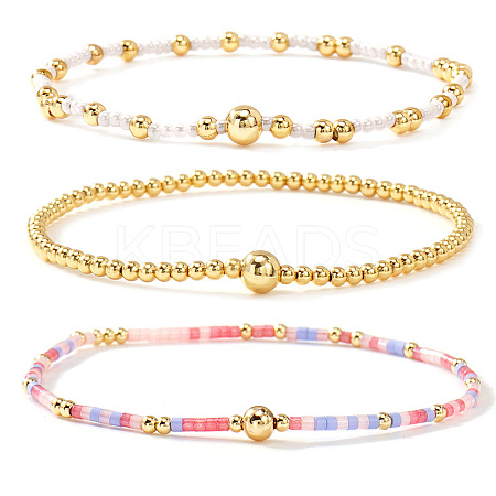 3Pcs 3 Styles Glass Seed Beads & Brass Beads Stretch Bracelets Set for Women VQ8944-1-1