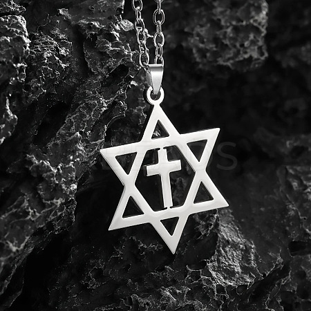 201 Stainless Steel Star of David with Cross Pendant Necklaces FS-WG42B24-01-1