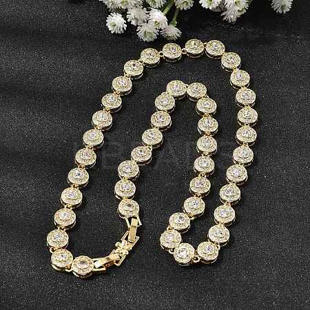 Brass Micro Pave Clear Cubic Zirconia Flat Round Link Chain Necklaces for Women NJEW-B157-18G-1