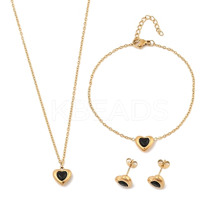 Heart 304 Stainless Steel Micro Pave Cubic Zirconia Pendant Necklaces & Bracelets & Stud Earrings Sets for Women SJEW-C004-13G-04-1