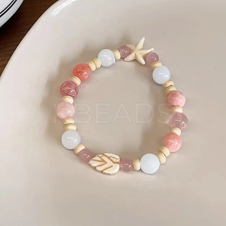 Starfish & Leaf Porcelain Round Beads Stretch Bracelets for Women WG648B1-02-1