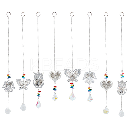 8Pcs 8 Styles Brass Hollow Heart/Owl/Angel/Butterfly Hanging Ornaments HJEW-AN0001-03-1