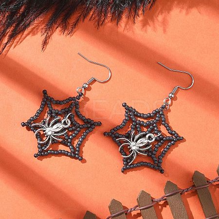 Halloween Theme Spider Web with Spider Handmade Glass Seed Beaded Dangle Earrings EJEW-MZ00481-01-1