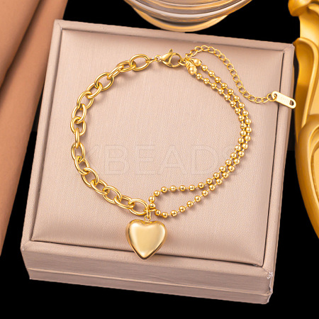 304 Stainless Steel Heart Charm Bracelets BJEW-Z106-02G-1