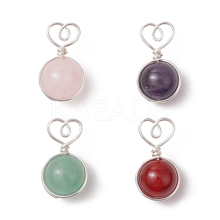 4Pcs 4 Styles Natural Rose Quartz & Green Aventurine & Amethyst & Carnelian Copper Wire Wrapped Heart Ball Pendants PALLOY-TA00215-02-1