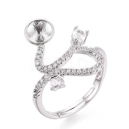 Curve Shape Brass Micro Pave Clear Cubic Zirconia Adjustable Ring Settings KK-T076-46P-1