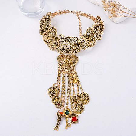 Bohemian Zinc Alloy Rhinestone Flower Key Coin Long Tassel Choker Necklaces for Women FS-WGCB918-02-1